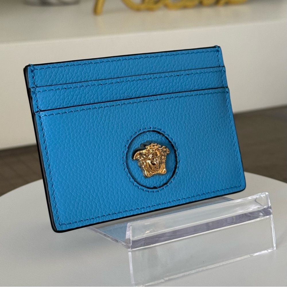 Versace Blue Card Holder with Gold Medusa Logo
